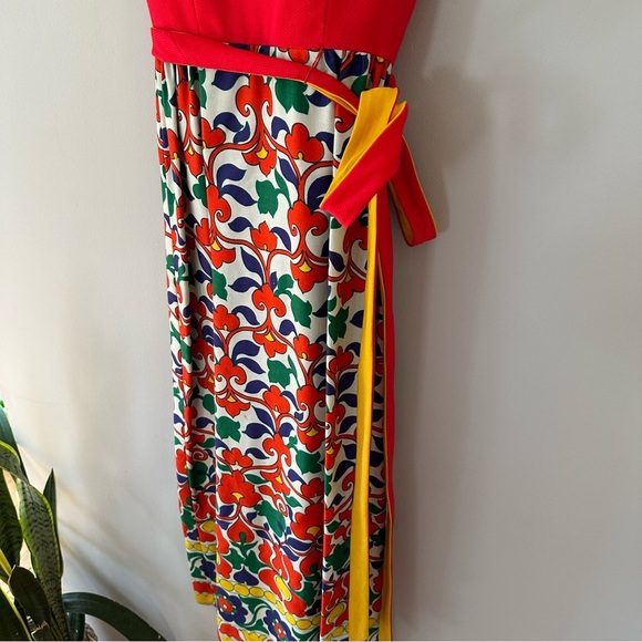 Vintage 1960s Lanz Originals Maxi Dress Red Bodice & Folk Art Print Skirt Sz 7 - Picture 3 of 11